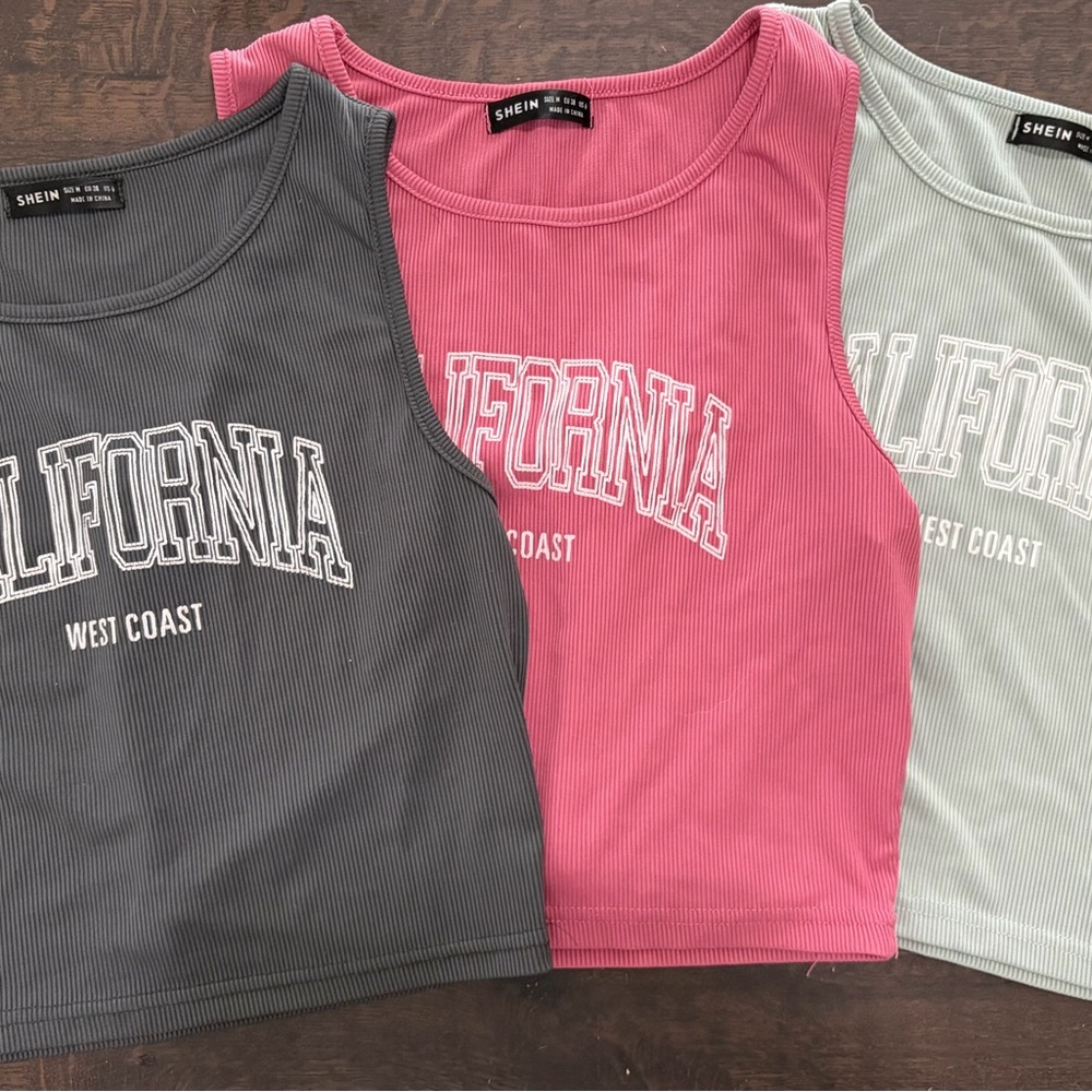 x3 SHEIN Size Medium Ribbed Crop Tops (Charcoal, Pink, & Sage)